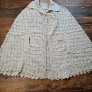 Vintage Boepple Creation Gold Metallic Knit Cape Shawl Collar Button‎ Orlon